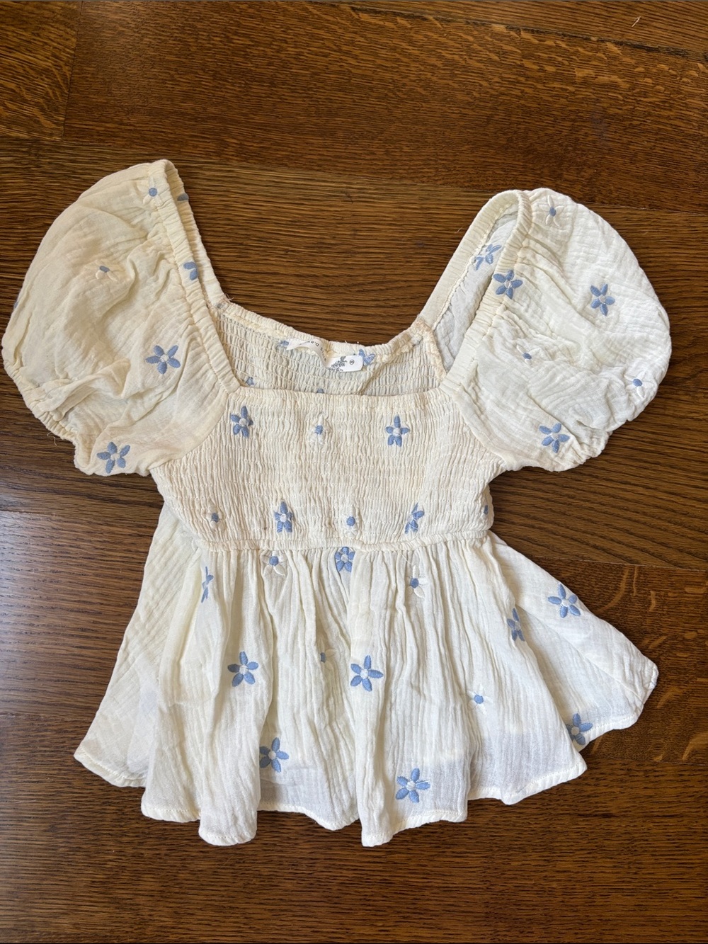 Altard State Cream Puff-Sleeve Peasant Top with Light Blue Floral Embroidery